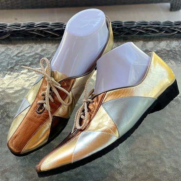 Siamanto Vintage Glam Art Deco Metallic Patchwork Leather Lace-Up Flats Size 8 - Picture 1 of 9